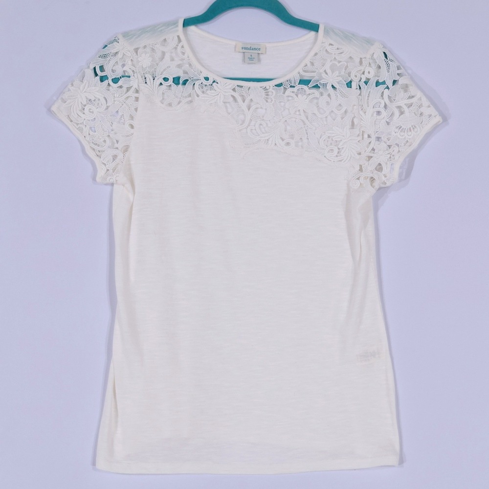 Sundance Lace Yoke Top Women S White Floral Crochet Slub Knit Cottagecore Boho